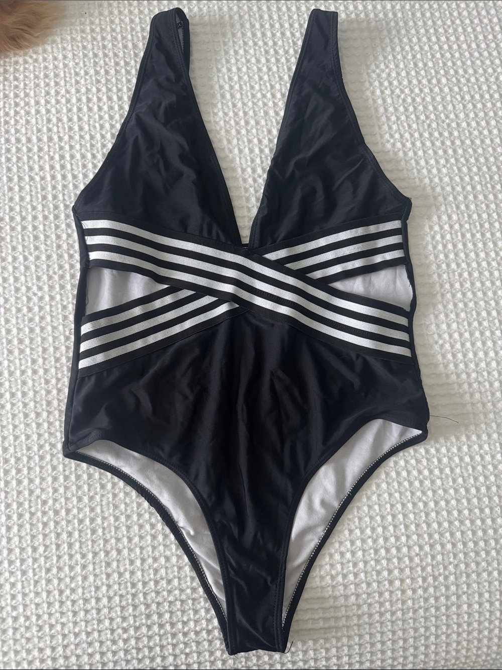 Black One-Piece Swimsuit with White Striped Waist Detail